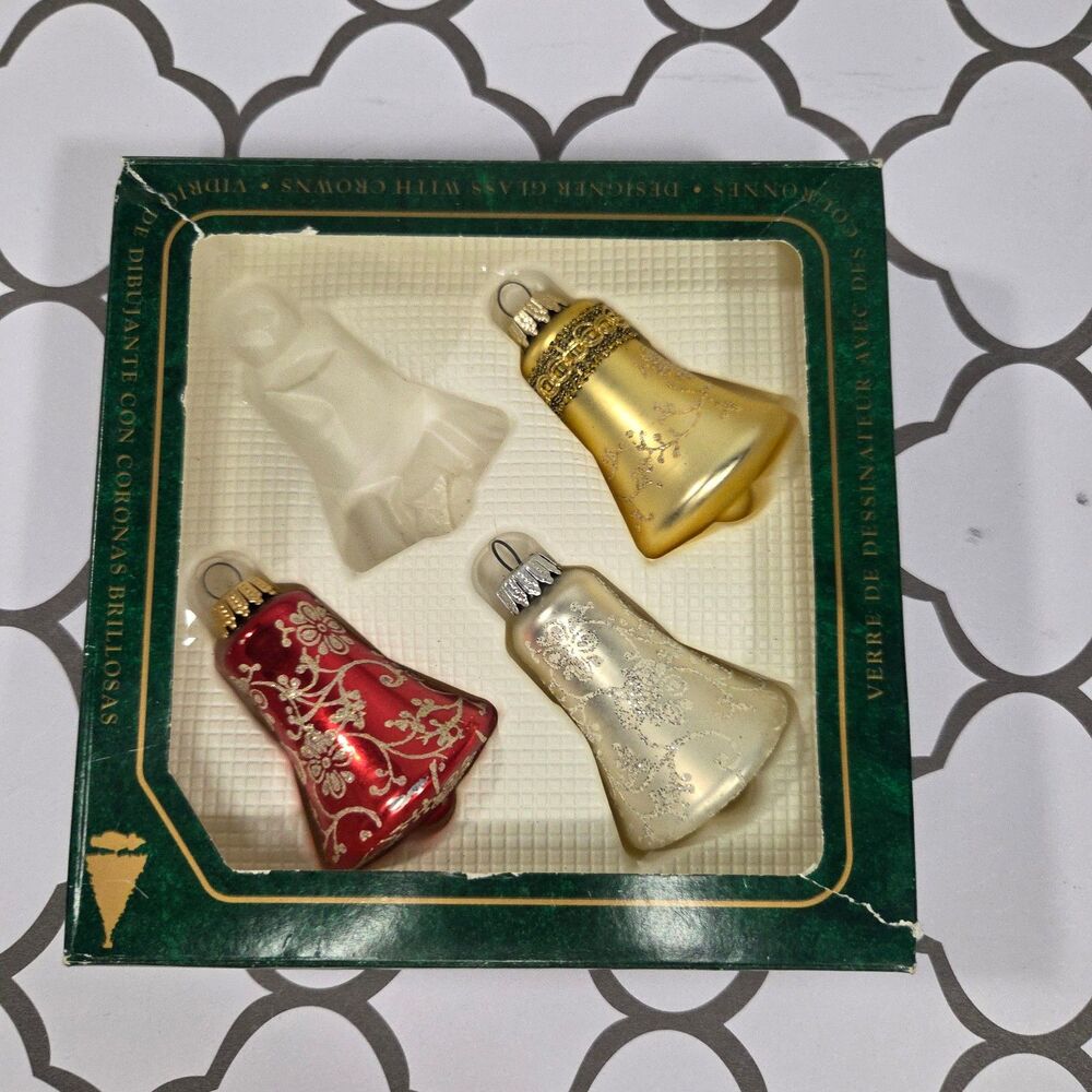 Christmas by Krebs Glass Nostalgia Bell Ornaments Set of 3 in Box Gold Pearl Red